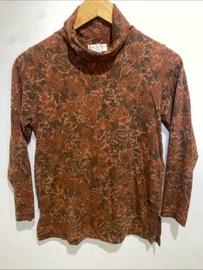 Jones New York Floral Turtleneck Top in Rust and Olive Brown